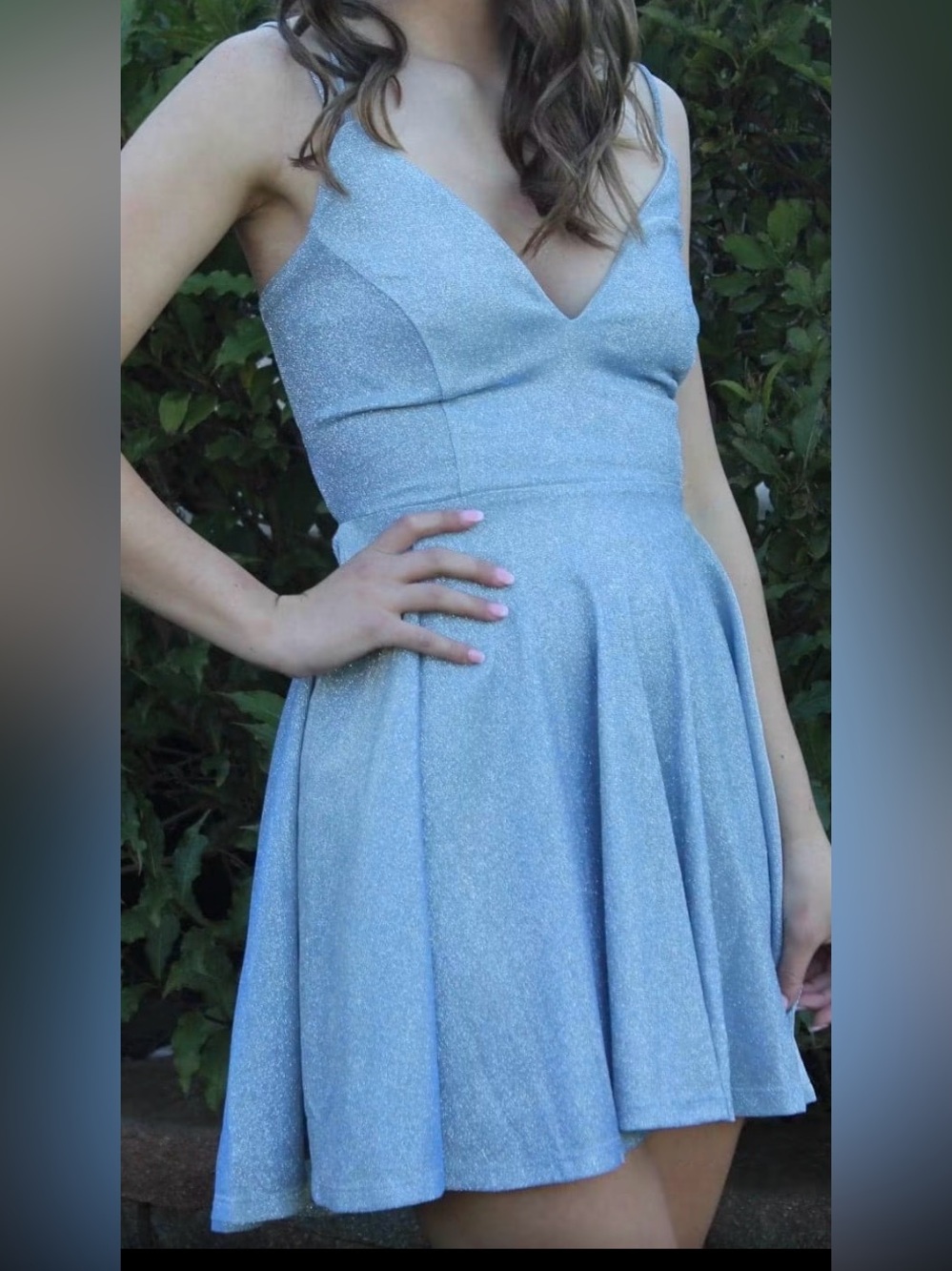 Windsor Shimmer Sky Blue V-Neck Mini Dress